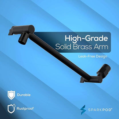 SparkPod 6" Round Rain Shower Head with 11" Shower Arm | Shower Head & Extension Arm Combo, Height Adjustable, High Pressure Performance, Easy 1-Minute Installation, Black Matte
