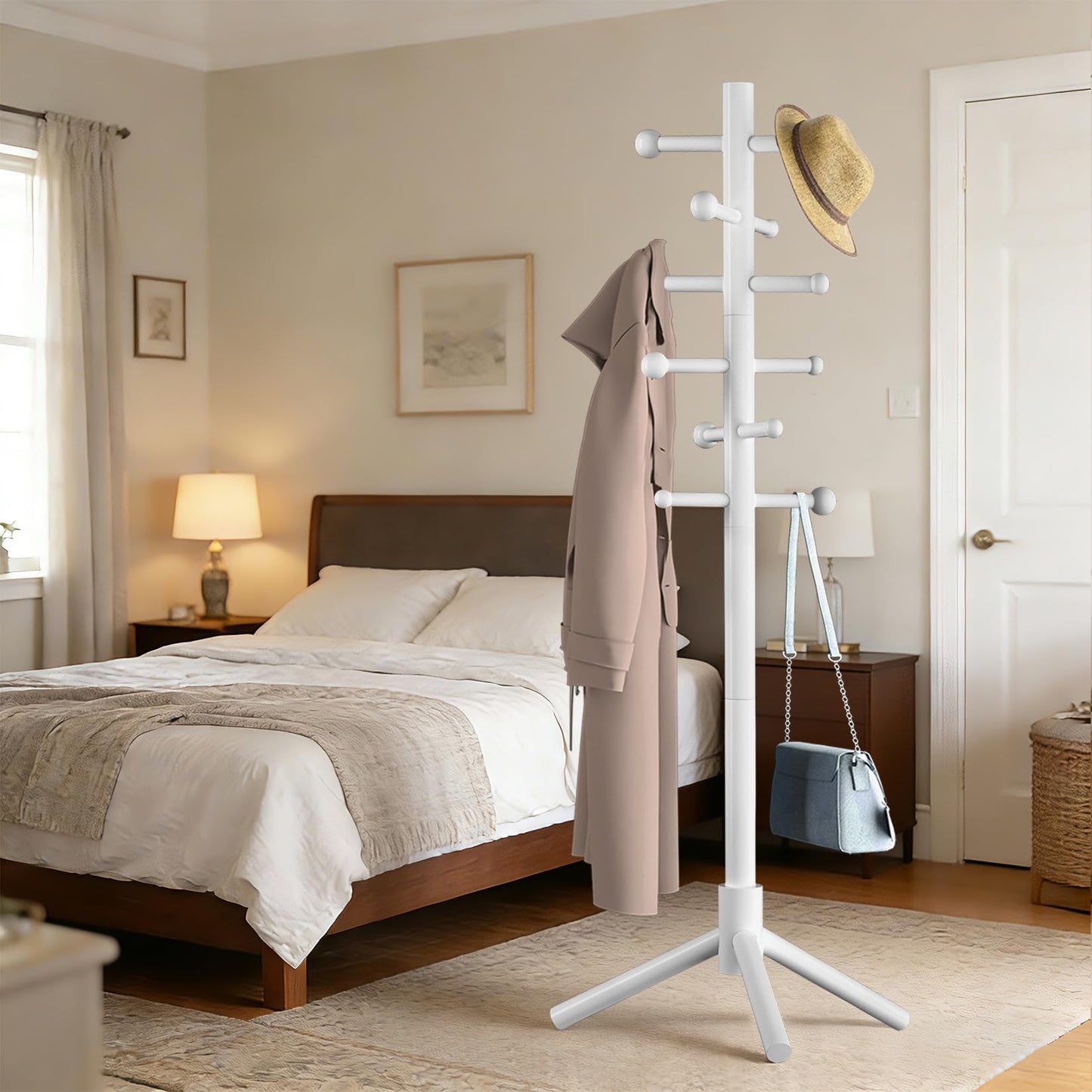 ACIPENSER Wooden Coat Rack Freestanding with 12 Hooks 3 Adjustable Heights，Standing Coat Rack Tree for Hat and Coat Rack for Small Spaces Entryway,Office,Bedroom,White