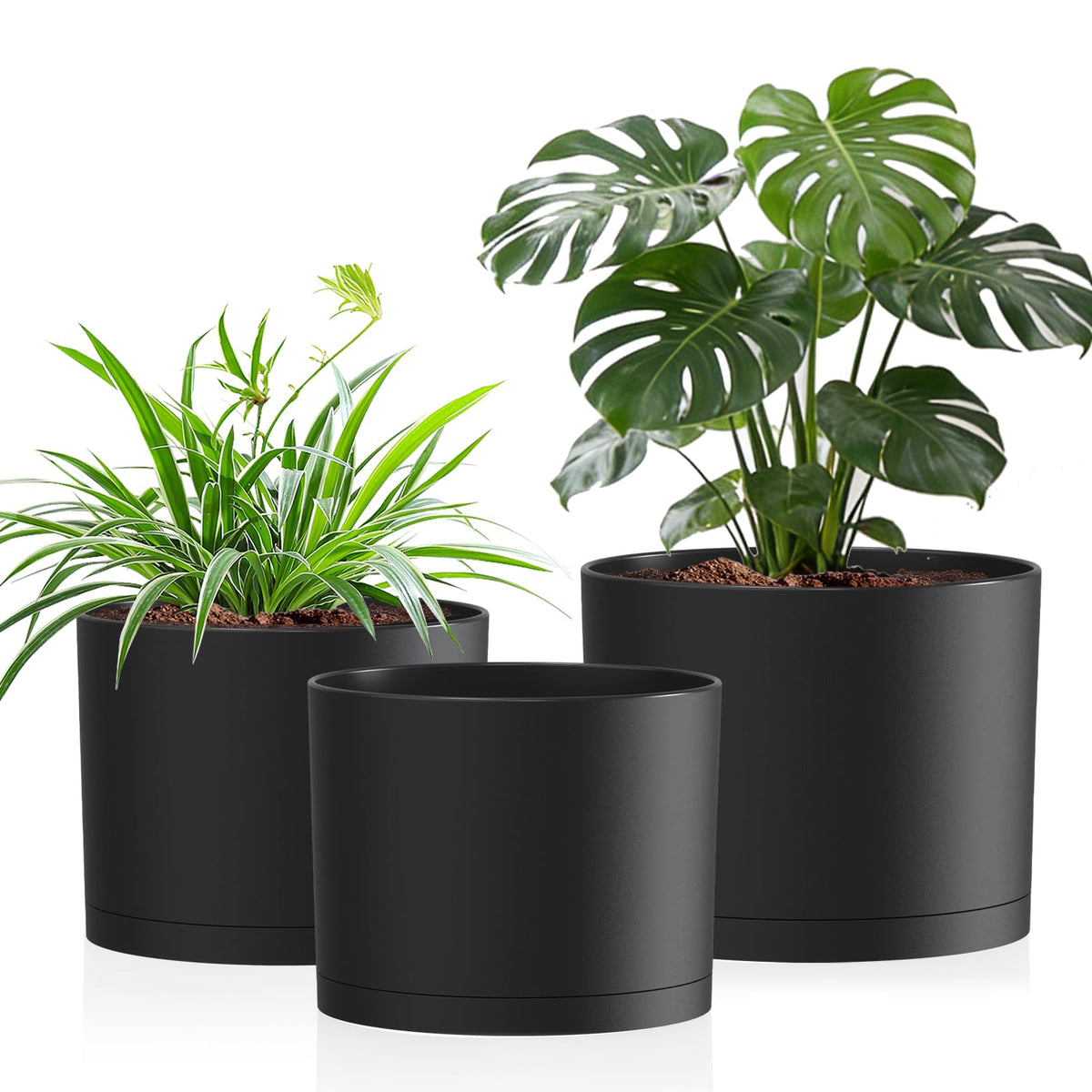 Areutxbis 10/9/8 Inch Large Plant Pots with Drainage Holes and Trays, 3 Pack Modern Minimalist Cylinder Planters for Monstera, Snake Plant, Indoor Outdoor (Matte Black)