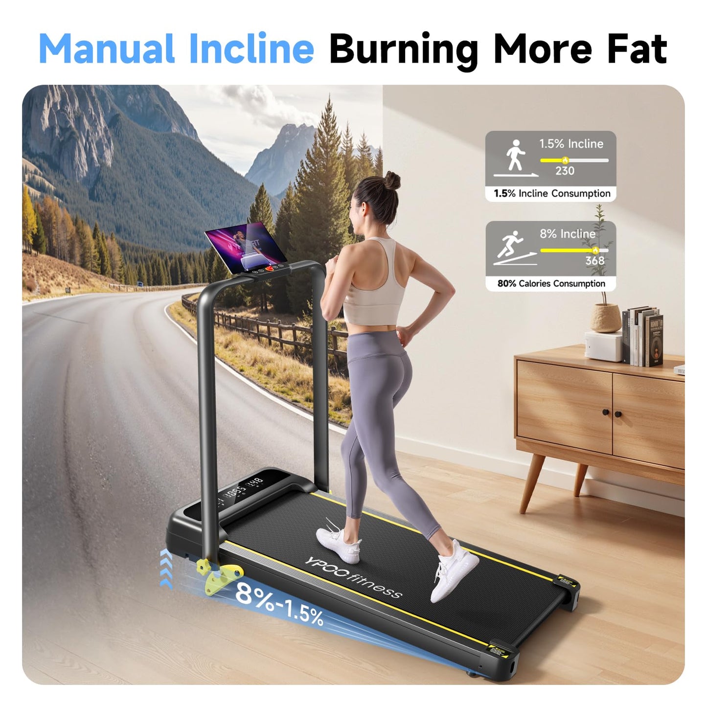 YPOO Walking Pad Treadmill, Incline Walking Pad with Handle, Foldable Treadmills for Home & Office, Compact Under Desk Running Machine for Workout Exercise Quiet