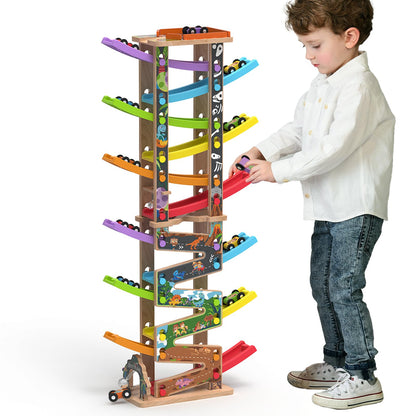 Letoiz Wooden Race Track Car Ramp Racer Toy for Toddlers, Dinosaur Car Ramp Toy Vehicle Playsets with 12 Mini Cars - Fine Motor Skills Toddler Toys for 2 3 Year Old Boy and Girl Birthday Gifts (Combo)