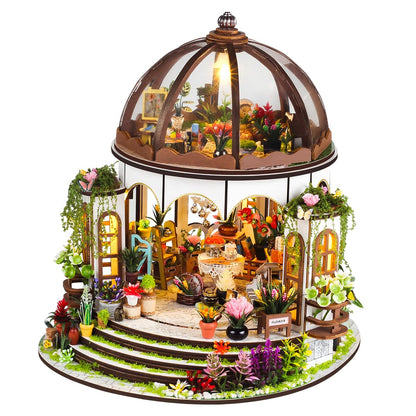 Hanging Garden Miniature House Kit, Wooden Dollhouse with LED & Furniture