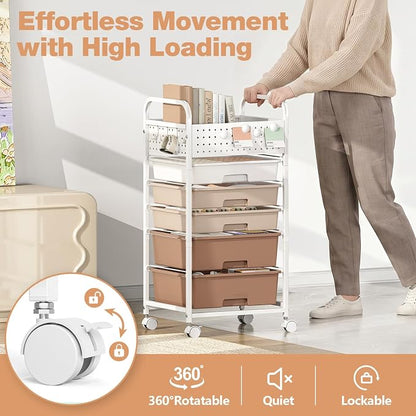 5 Drawer Rolling Storage Cart with Pegboard Top and Hooks, Mobile Organizer Cart with Wheels for Office Supplies, Craft Storage, Classroom Organization, Home Utility Cart, Brown