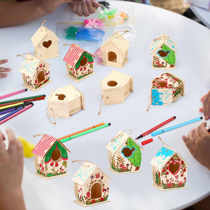 Outus 24 Pcs Wooden DIY Birdhouse Kits for Kids to Build, 4 Shapes Birdhouse Kit Wooden Unfinished with Butterfly Sticker for Boy Girl Arts Crafts(Cute)