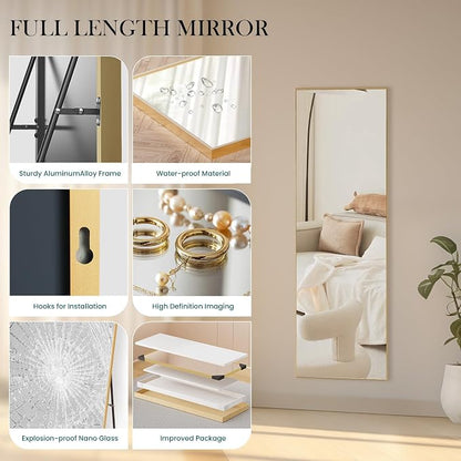 NEWBULIG Mirror Full Length, 16"x59" Body Wall Mirrors with Shatter-Proof Glass, Upgraded Floor Standing Mirror, Hanging or Leaning, with Stand Aluminum Alloy Frame for Home Decor, Bedroom, Gold