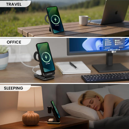 SUPERV 4 in 1 Wireless Charging Station: 5000mAh Removable Power Bank Foldable Charging Stand - Portable Magnetic Battery Pack for iPhone 17/16/15/14/13/12 Series and Apple Watch/AirPods (Black)