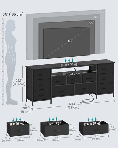 SONGMICS BELLAH Collection - TV Stand for TVs Up to 70 Inches, Dresser for Bedroom, Living Room, Chest of Drawers, Steel, 11 Drawers and Shelf, Modern, Ink Black ULGS043B101S