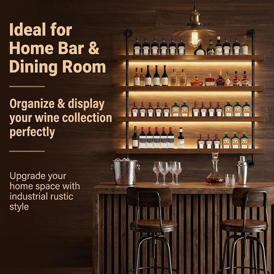 Solid Wood Wine Racks Wall Mounted with LED Lights, Modern Metal Wine Bottles Display Shelf, Industrial Iron Floating Lighted Bar Liquor Whiskey Shelves Rack for Home & Dining Room(100CM/39.3IN)