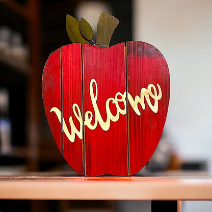 STC World Apple Welcome Wall Door Room Decor Hanging Wooden Art Home Office Indoor Outdoor (Red Apple Welcome)