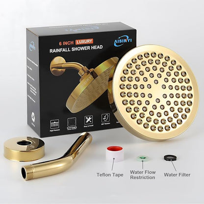 High Pressure Rainfall Shower Head, 6 Inches Showerhead with Perfect Adjustable Replacement, Removable Restrictor, Easy Installation for Your Bathroom Shower Heads (Deluxe Gold + Shower Arm)