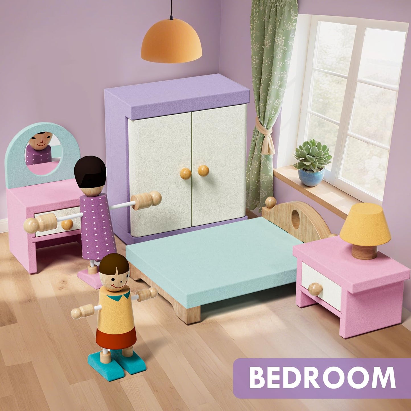 Lehoo Castle Wooden Dollhouse Furniture Set 39 Pcs with 5 Rooms, Family Dolls & Pets, All-Wooden Doll House Accessories and Furniture, Pretend Play Dollhouse Accessories Toy Gift for Kids 3+