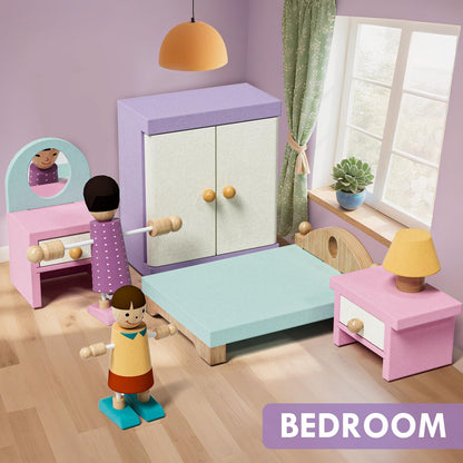 Lehoo Castle Wooden Dollhouse Furniture Set 39 Pcs with 5 Rooms, Family Dolls & Pets, All-Wooden Doll House Accessories and Furniture, Pretend Play Dollhouse Accessories Toy Gift for Kids 3+