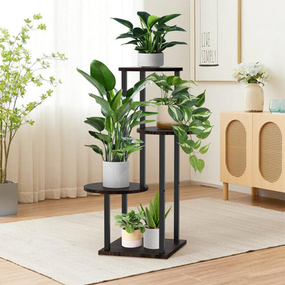 SMFANLIN 4 Tier Plant Stand Indoor, Metal Wooden Tall Plant Shelf Flower Pot Stand for Multiple Plants, Corner Flower Holder Plant Display Rack for Living Room Balcony Patio Garden (Black)