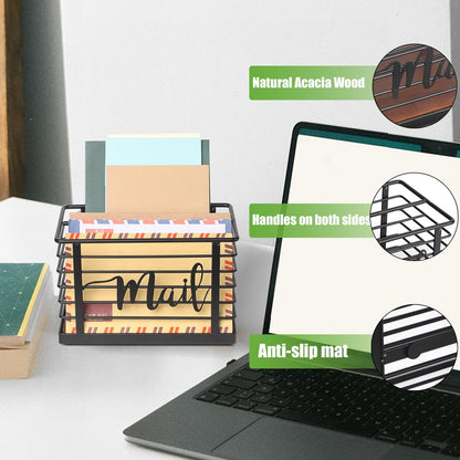 MOSUYO Mail Holder, Acacia Wood & Sturdy Metal Mesh Letter Caddy,2-Slot Desktop Organizer for Desk Home Office