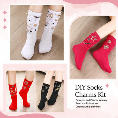 Cutecrop 41 Pcs Sock Charms Kit with 4 Pairs Slouch Socks for Women, Jewelry Charms Pins Brooches for Women, Pearl and Rhinestone with Safety Pins, DIY Accessories for Decorating Shoe Sneakers