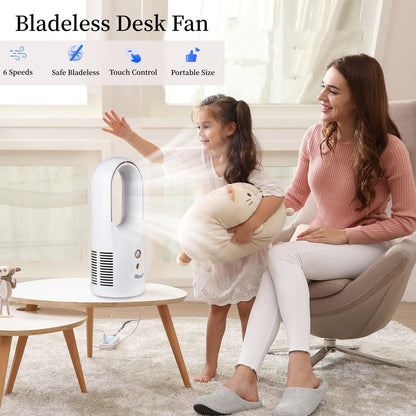 Hiluce Desk Fan Bladeless,6 Speeds 11.8 Inch Portable Office Fan, Battery USB Fans,Easy to Clean, Small Quiet Table Fan for Personal Bedroom Home Office Desktop, White