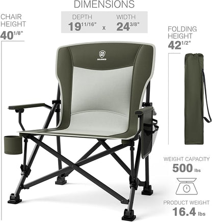 EVER ADVANCED Oversized Folding Camping Chair, for Adults Heavy Duty Lawn Chair with Side Pockets, Portable Collapsible Quad Chair for Outside, Support Up to 500lbs, Green 2Pack