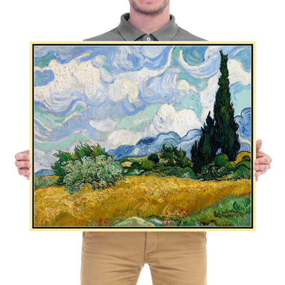 Wieco Art Framed Canvas Art Wheat Field with Cypresses by Van Gogh Impressionist Landscape oil Paintings Canvas Prints Artwork Wall Art for Living Room Home Office Decorations