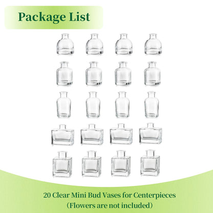 Small Glass Bud Vases for Centerpieces - Hewory 20pcs Clear Sturdy Cute Flower Vases Bulk, Mini Bottle Vase for Wedding Home Decor Birthday Party Events Mother's Day Bridal Shower Gifts Table Decor