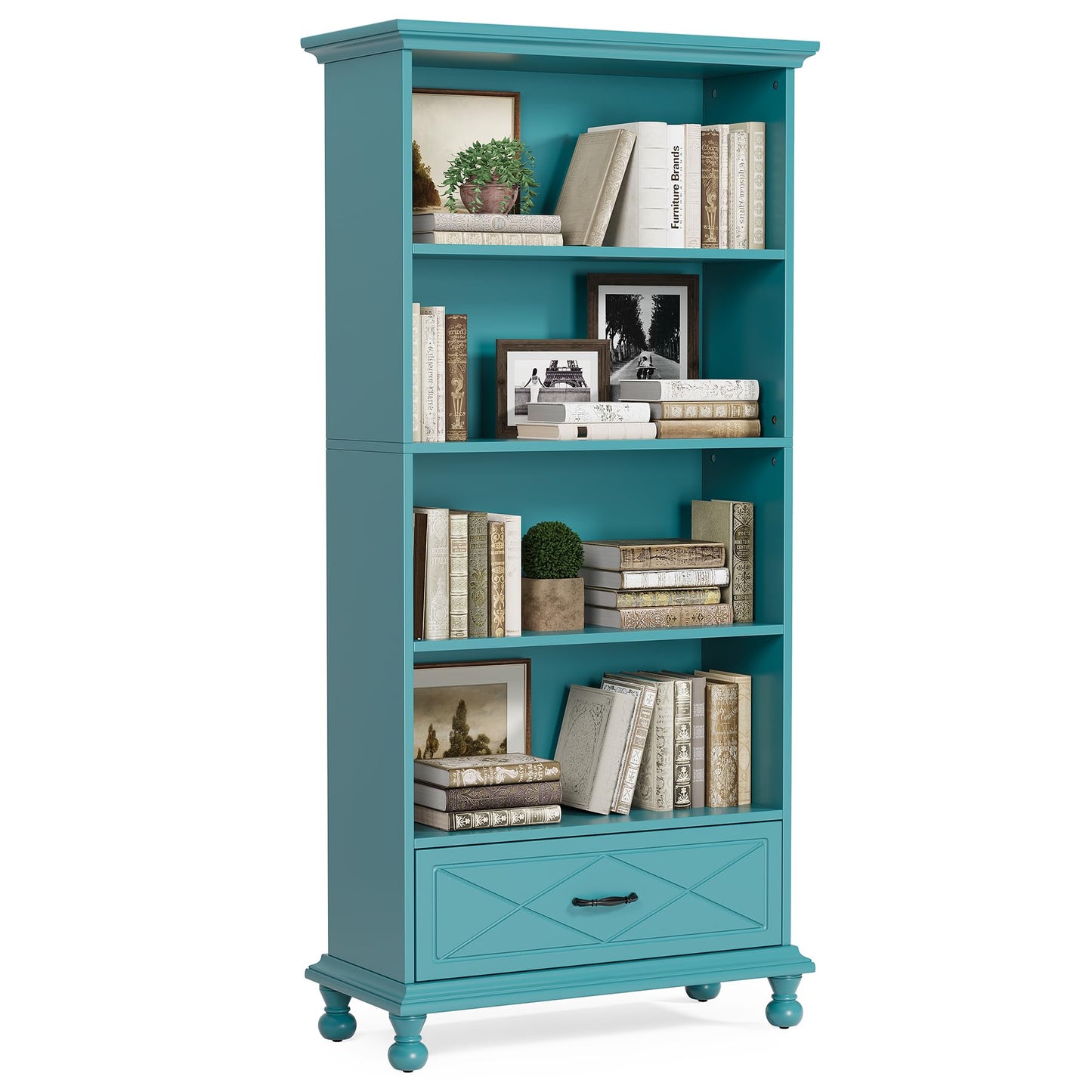 LITTLE TREE Bookshelf Set of 2 with Drawer, 6-Tier Tall Bookcase with Storage, 71-Inch Large Wooden Display Organizer for Bedroom, Home Office, Living Room, Ocean Blue