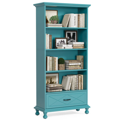 LITTLE TREE Bookshelf Set of 2 with Drawer, 6-Tier Tall Bookcase with Storage, 71-Inch Large Wooden Display Organizer for Bedroom, Home Office, Living Room, Ocean Blue