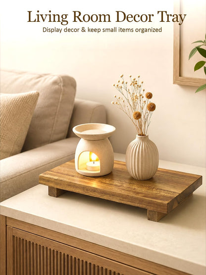 Duseu 12x7 Inch Acacia Wood Pedestal Stand, Wood Riser for Kitchen Counter, Farmhouse Wood Display Riser for Coffee Bar, Soap Dish, Plant Stand, Bathroom Organizer