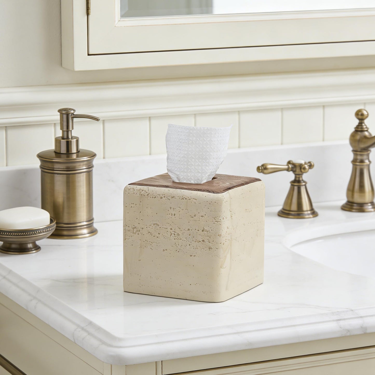 Natural Travertine & Wood Textures Tissue Box Cover Square for Home Decor,Resin Heavy Tissue Box Holder for Bathroom Countertop,Tabletop,Bedside Table,Office (Handmade of Resin)