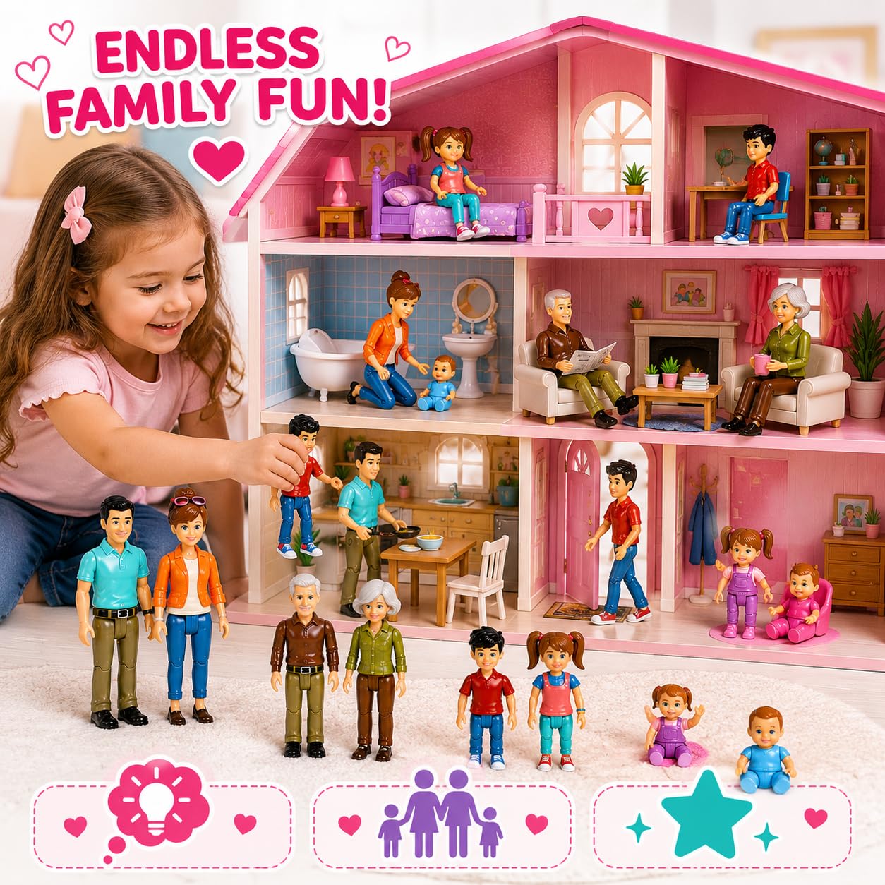 Beverly Hills Sweet Li’l Family Bendable Mini Dollhouse Figures | Set of 9 Grandpa, Grandma, Mom, Dad, Sister, Brother, Toddler, Twin Boy & Girl Pretend Play (1:12 Scale)