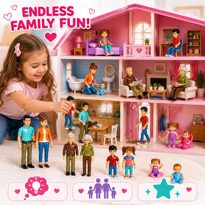 Beverly Hills Sweet Li’l Family Bendable Mini Dollhouse Figures | Set of 9 Grandpa, Grandma, Mom, Dad, Sister, Brother, Toddler, Twin Boy & Girl Pretend Play (1:12 Scale)