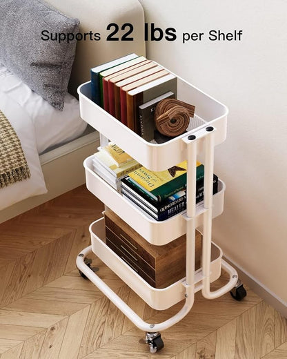Pipishell 3 Tier Metal Rolling Utility Cart, Heavy-Duty Storage Rolling Cart with 2 Lockable Wheels, Multifunctional Mesh Organization Utility Cart for Kitchen Dining Room Living Room (White)