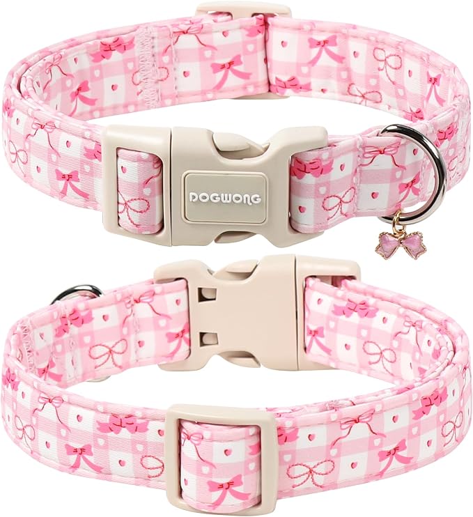 DOGWONG Pink Plaid Dog Collar-Cute Pink Bowtie Print Dog Collar, Adjustable Cotton Girl Female Pet Collar with Quick Release Buckle,M
