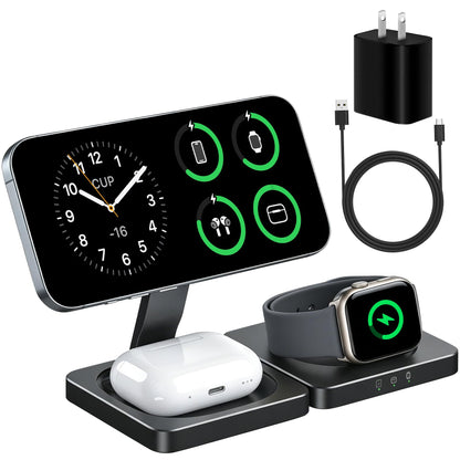 Wrieless Charger Station for Apple Devices,Magnetic 3-in-1 Foldable,Travel,Charger Stand Compatible with MagSafe for iPhone 17 16 15 14 13 12 Series,Airpods&Apple Watch,with 20w Adapter.