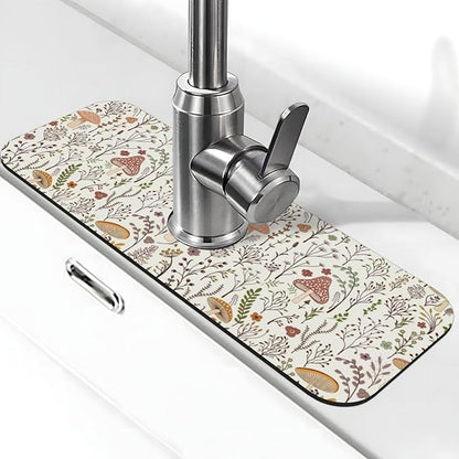 Cute Mushroom Wild Plant Kitchen Sink Splash Guard Faucet Mat 1 Pcs, Absorbent