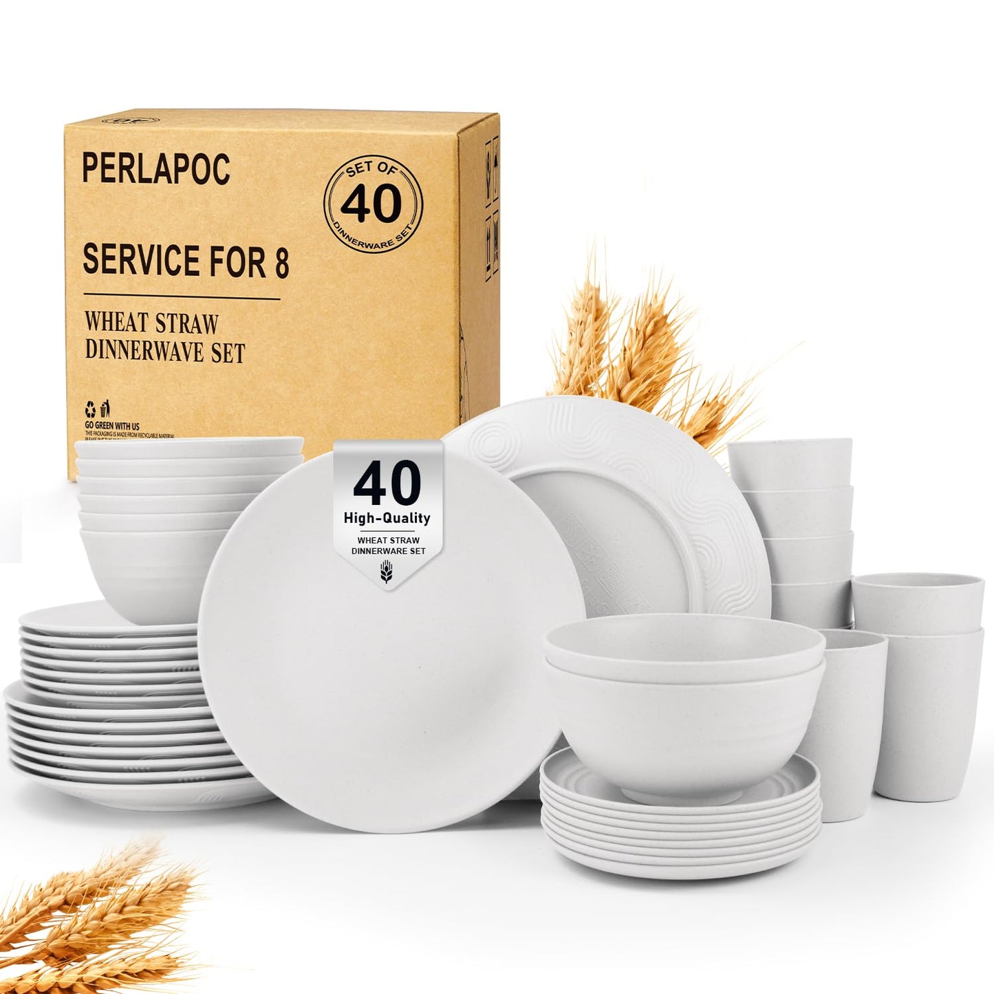 Wheat Straw Dinnerware Set 40-Piece Service for 8 Unbreakable Dishes Set Plates and Bowls Sets Drinking Glasses Microwave Safe Dish Set Lightweight Dinnerware Set for Home & Kitchen - Yellow