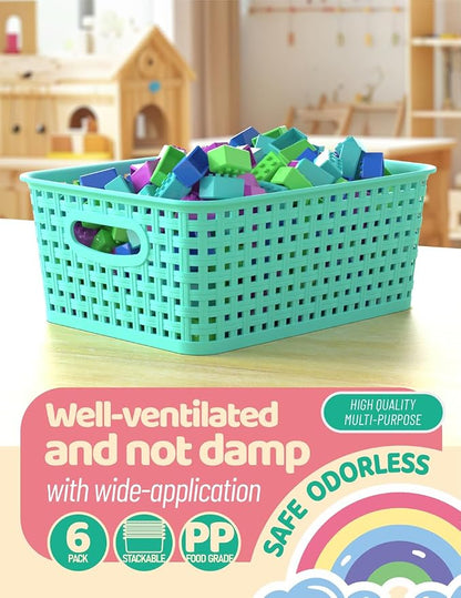 WYT 6-Pack Plastic Small Shelf Storage Weave Baskets Organizing for Cabinets and Pantries, Sky Blue