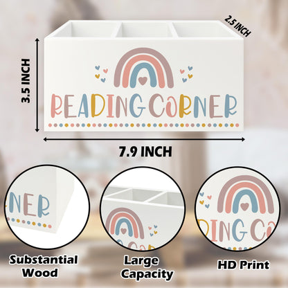 QZQE Boho Reading Corner Pen Pencil Holder Organizer for Desk, Boho Rainbow Bookish Wooden Box Signs Decorations for Reading Nook Corner Room Desk Tabletop, Book Lover Reader Gifts