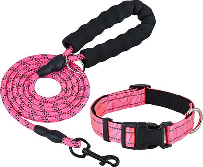Dog Leash and Collar Set – 6 FT Strong Rope Leash with Padded Handle & Adjustable Nylon Collar Reflective for Small Medium Large Dogs (Pink, S)