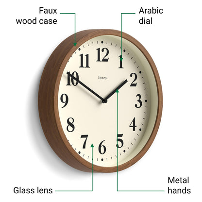 JONES CLOCKS® Lodge wall Clock | Small Modern Clock | 10 inch | Dark Faux Wood | Classic Contemporary Style for Kitchen, Living Room or Office