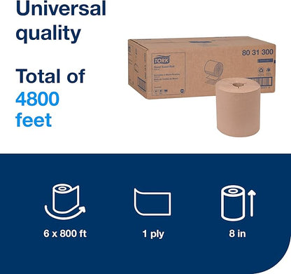 Tork Hand Towel Roll Natural H80, 100% Recycled Fiber, 6 Rolls x 800 ft