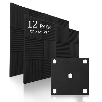 12 Pack Sound Proof Foam Panels,12"×12"×1" Acoustic Foam Panels, High Density Soundproof Wall Panels for Home Office Recoding Studio,With 250PCS Adhesive Stickers (Black, 12 Pack)