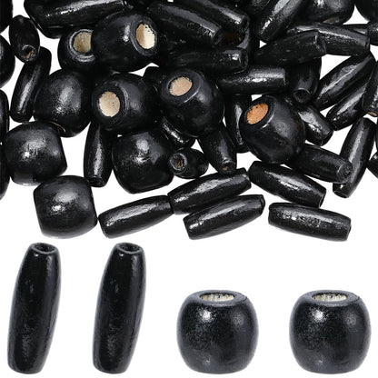PONABEADIY 2 Styles 200PCS Natural Black Wooden Beads with Hole Oval Barrel Wood Handmade Dyed Macrame European Charms Loose Bead for Jewelry Making Bracelet Hair Braid Christmas DIY Crafts Supplies