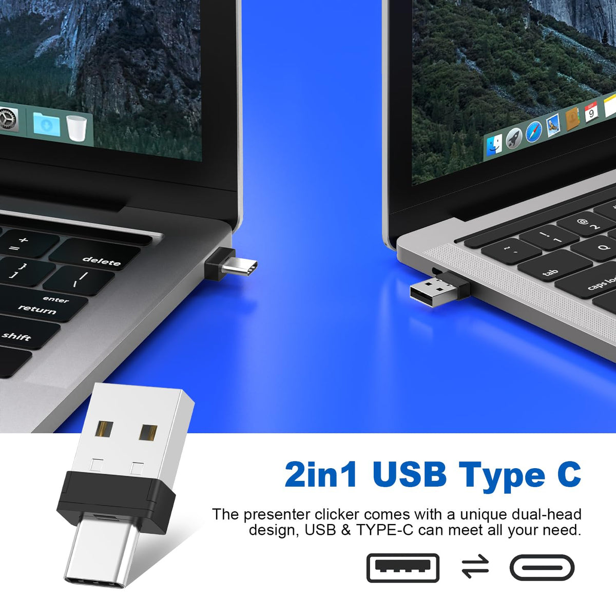 QUI 2 Pack Presentation Clicker, Wireless Presenter Remote Clicker for PowerPoint, Slide Advancer for Mac, Windows, Google Slide, Keynote (USB Type-c, Black Purple)