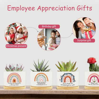 Tarklanda 6Pcs Thank You Teacher Gift Rainbow Succulent Plant Pots Mini Ceramic with Bamboo Tray Flower Pot Planters for Colleague Employee Friend Appreciation Thanksgiving, Plants Not Included