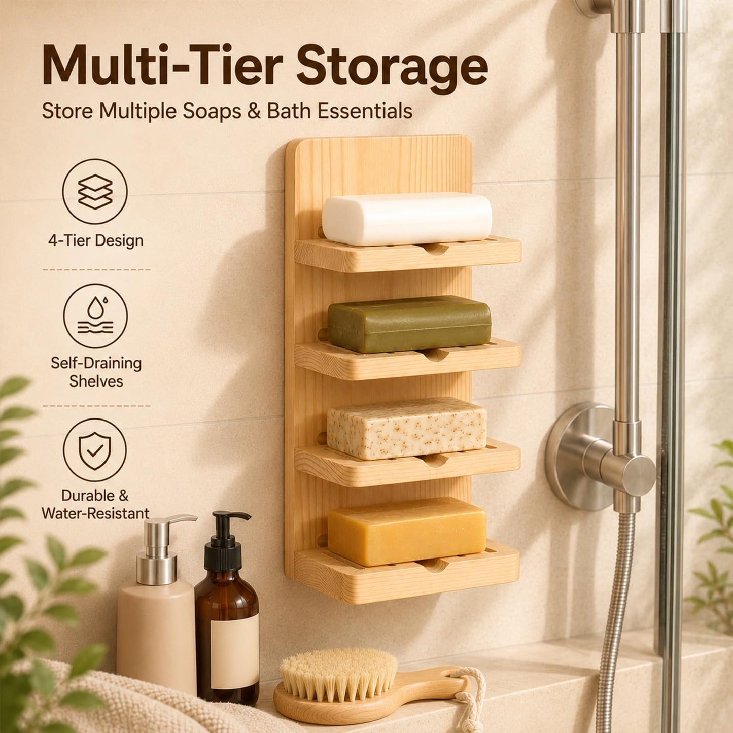 Ferrochef 4 Tier Wooden Soap Holder for Shower, Wall-mountable Soap Dish, Self Draining Bar Storage Organizer, Natural Wooden Bar Rack for Bathroom Counter, Kitchen, Easy Dry Extend Soaps Life