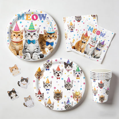 Cat Birthday Decorations Party Supplies Kit, Plates, Napkins, Cups, Cutlery, Banner, Hanging Swirls, Honeycomb Centerpieces, Balloons, Tablecloths for Cat Themed Birthday Party Decorations, Serves 20