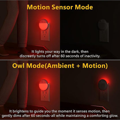 YUNLEX 2 Pack Plug in Red Sleep Night Light with Motion Sensor and Dusk to Dawn Sensor, 3 Modes, Soft Glow, 0% Blue Light True Red, Dimmable, LED Lights for Bedroom, Sleep, Kids, Bathroom, Hallway