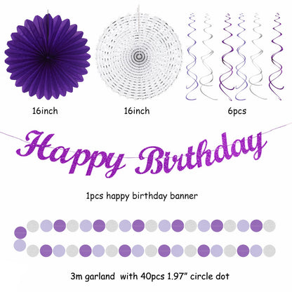 Purple Lilac-Lavender Silver Women Birthday Party-Decorations - 21pc Happy Banner,Paper Lanterns Streamers,Tissue Pom Poms Honeycomb Flower Fan, Girls Hanging Decor Supplies Garland Backdrop Huglony
