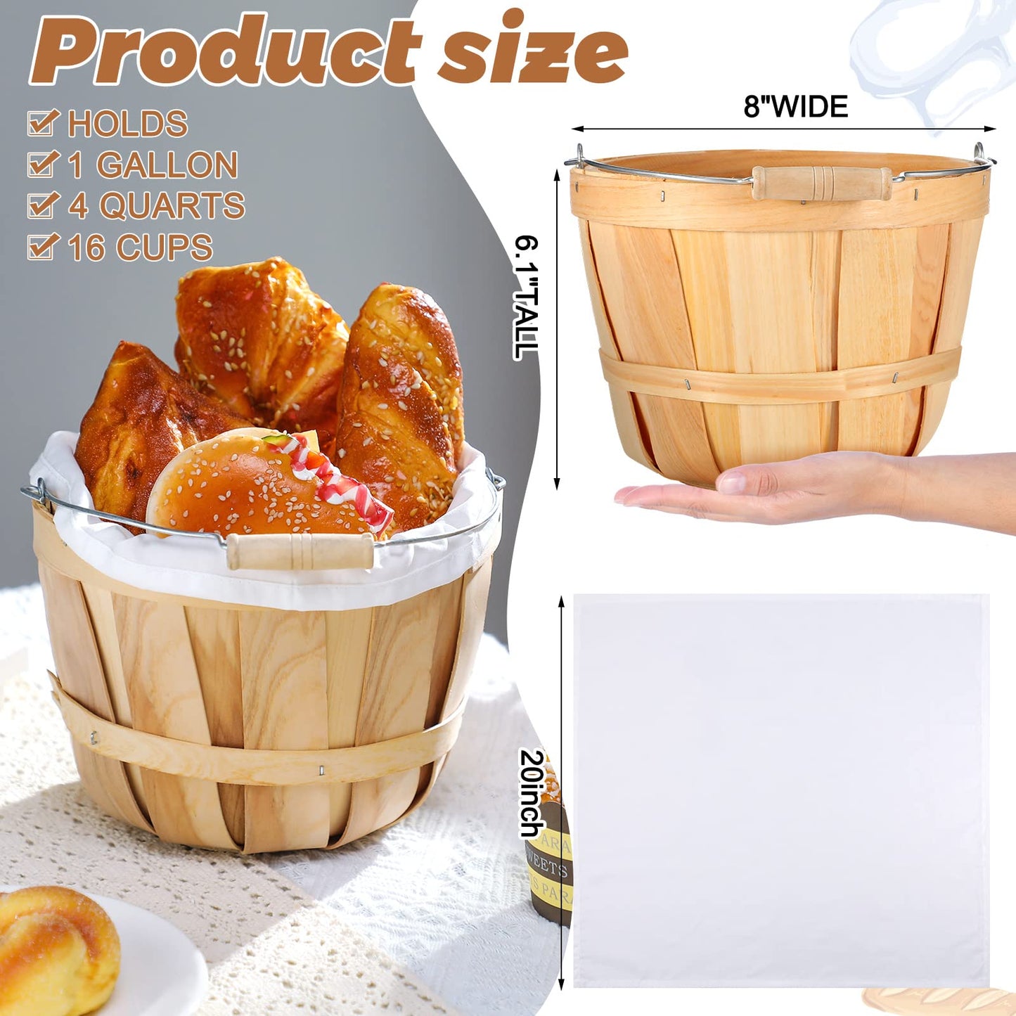 Eaasty 3 Pack Round Wooden Bushel Baskets Wood Fruit Buckets with Handle for Vegetable Snack Fall Holiday Farmhouse Garden Decoration, 4-quart Capacity, 6. 1 Inch Tall, 8 Inch Diameter