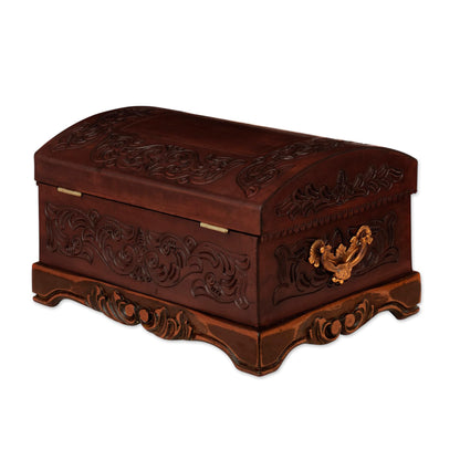 NOVICA Colonial Theme Mohena Wood and Tooled Leather Jewelry Box, 'Colonial Legacy'