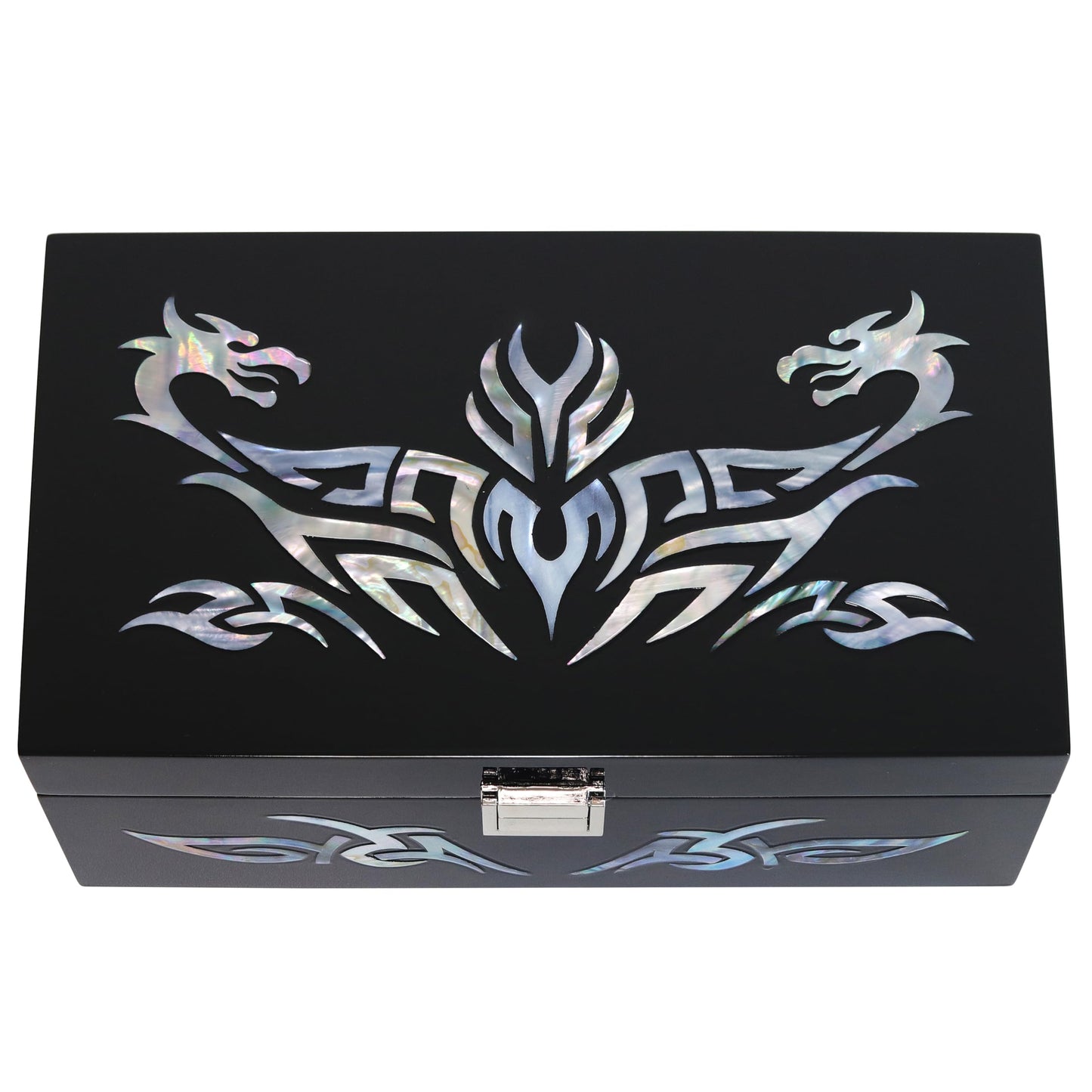 MADDesign Mother of Pearl Watch Box Jewelry Organizer Daily Storage Handmade Tribal Dragon Design (Black)